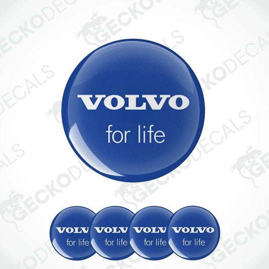 A set of blue vinyl decals with the text 'VOLVO for life' on them.