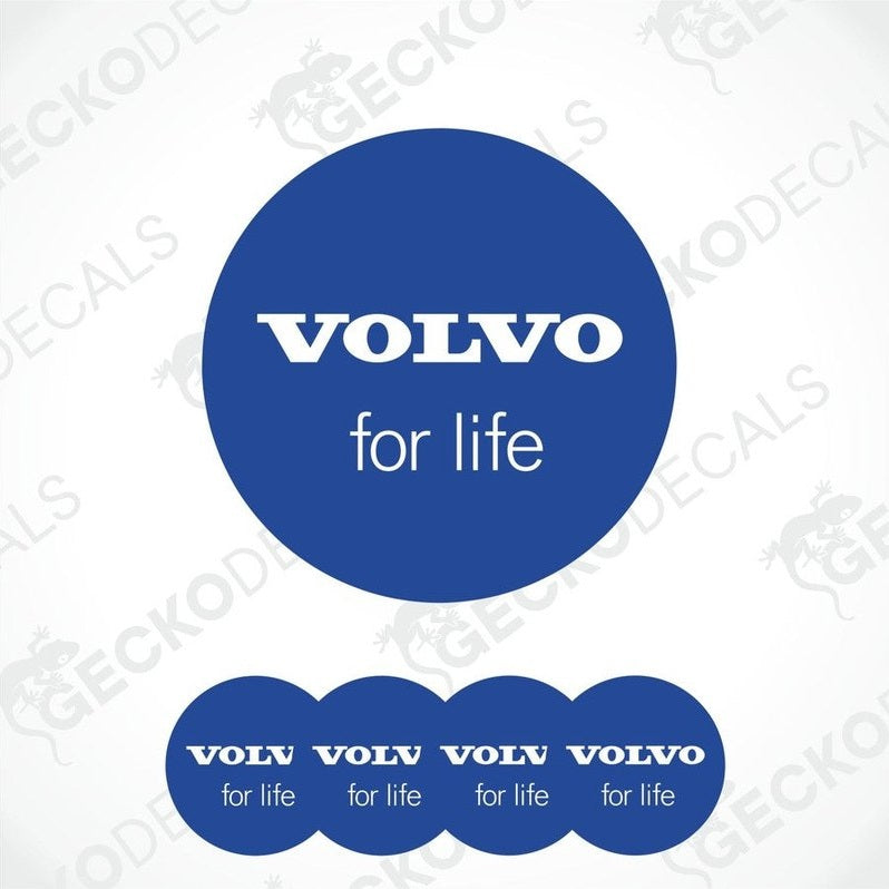 A set of blue vinyl decals with the text 'VOLVO for life' on them.