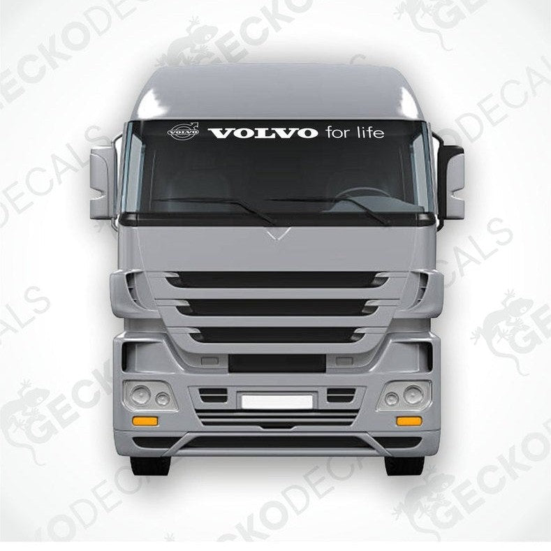 A front view of a Volvo truck windscreen with a die cut decal that reads 'VOLVO for life'.