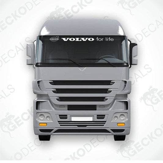A front view of a Volvo truck windscreen with a die cut decal that reads 'VOLVO for life'.