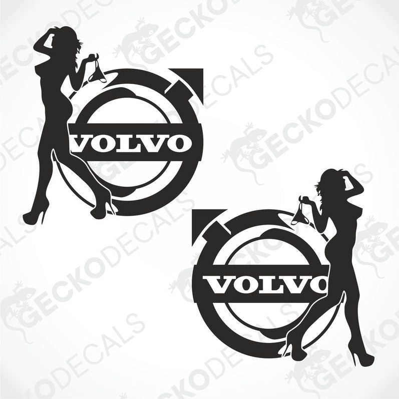 Two black and white stickers, one depicting a silhouette of a female figure with a Volvo logo, and the other showing the Volvo logo alone.