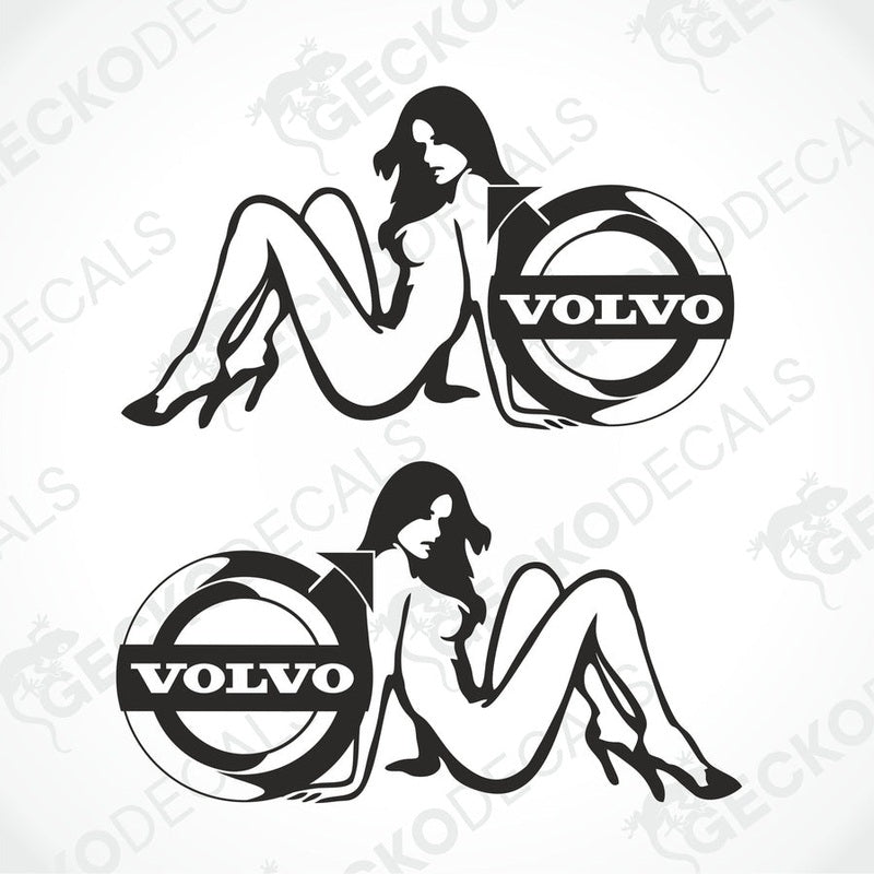 A set of two black and white die cut stickers depicting a stylized female figure with the Volvo logo.