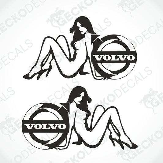 A set of two black and white die cut stickers depicting a stylized female figure with the Volvo logo.