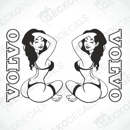 A sticker design featuring two symmetrical illustrations of a woman with 'VOLVO' text on both sides.