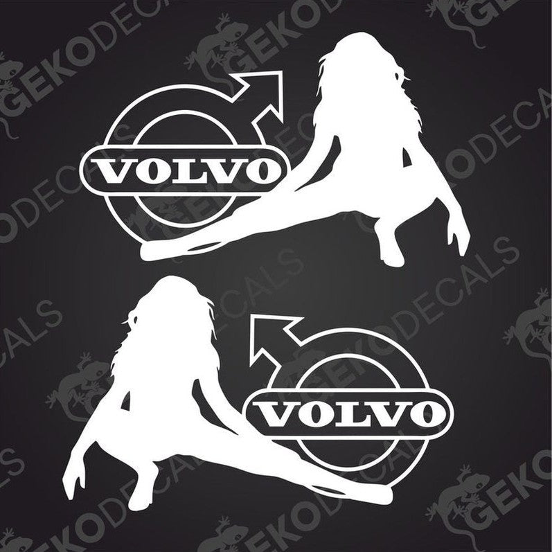 Two sticker decals, one featuring a silhouette of a female figure with a volvo logo, and the other showing just the volvo logo. Both have the word 'gecko' and 'decals' on the bottom.