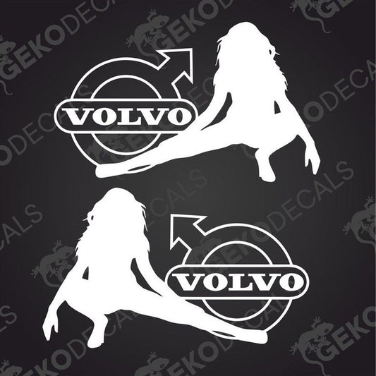 Two sticker decals, one featuring a silhouette of a female figure with a volvo logo, and the other showing just the volvo logo. Both have the word 'gecko' and 'decals' on the bottom.