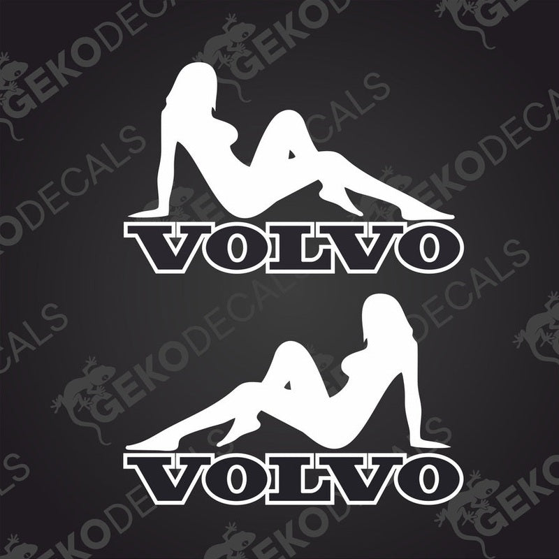 Two black and white stickers, one depicting a girl's silhouette on the left and a stylized 'VOLVO' logo on the right, both with the Gecko Decals logo.