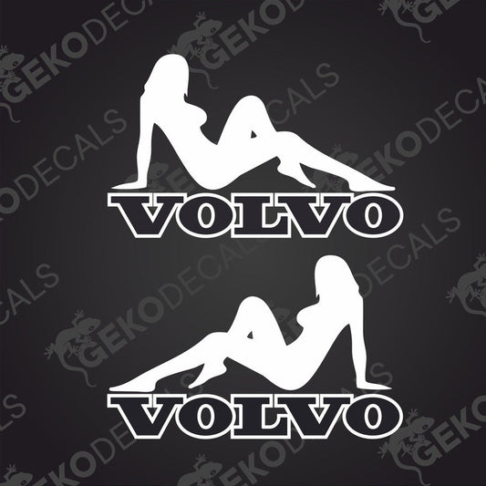 Two black and white stickers, one depicting a girl's silhouette on the left and a stylized 'VOLVO' logo on the right, both with the Gecko Decals logo.