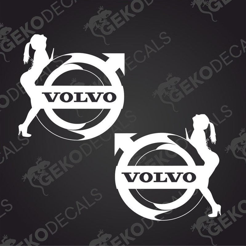 Two black decals of a stylized female figure with a volvo logo, intended for use on a vehicle.