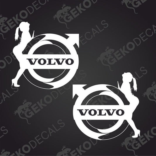 Two black decals of a stylized female figure with a volvo logo, intended for use on a vehicle.