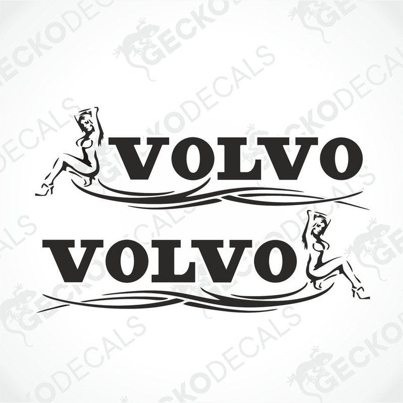 A sticker with the text 'VOLVO' and a tribal design, featuring a silhouette of a girl on each side.