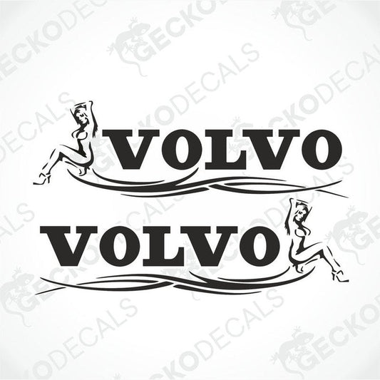A sticker with the text 'VOLVO' and a tribal design, featuring a silhouette of a girl on each side.