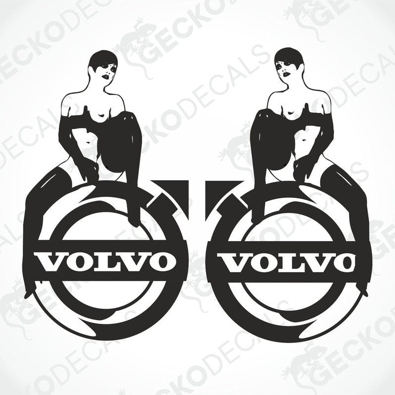 Two black and white stickers with a Volvo brand logo and a figure of a woman seated on a chair.