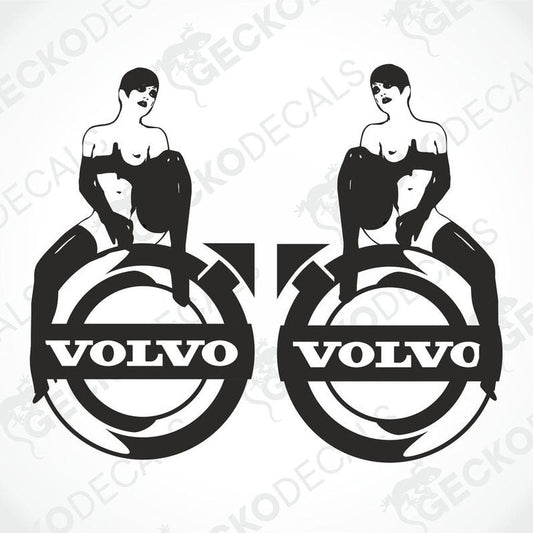 Two black and white stickers with a Volvo brand logo and a figure of a woman seated on a chair.