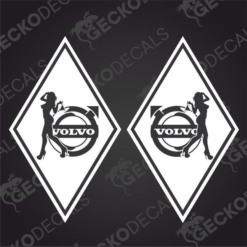Two black and white vehicle decals featuring a diamond-shaped design with a woman inside it, and the Volvo brand logo at the top.