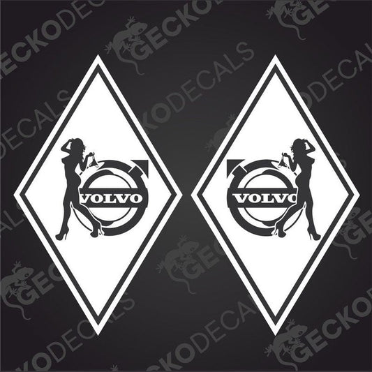 Two black and white vehicle decals featuring a diamond-shaped design with a woman inside it, and the Volvo brand logo at the top.