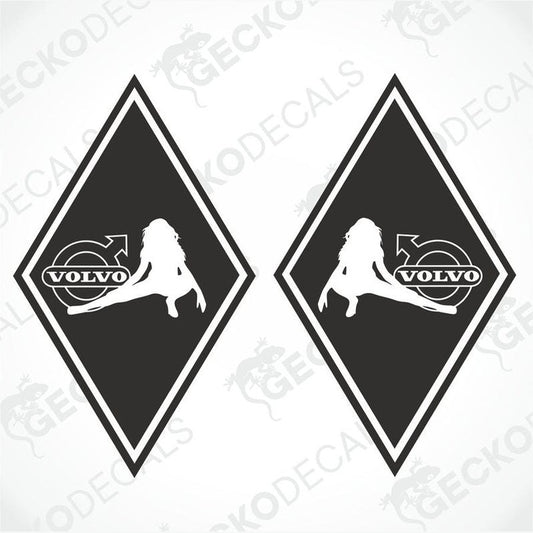 Two black decals with a diamond-shaped design featuring a stylized female figure and the Volvo brand logo.