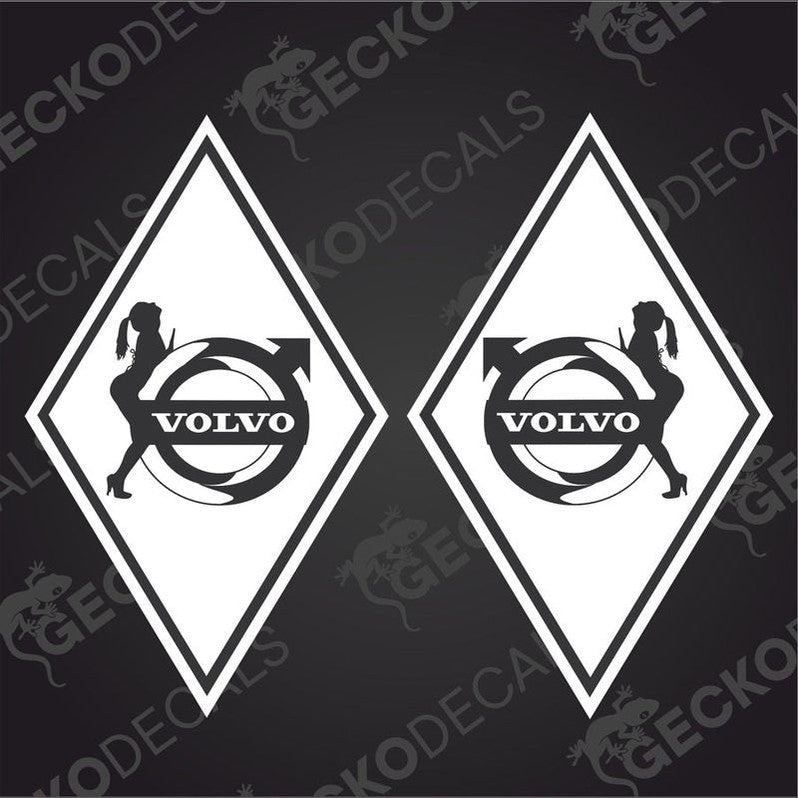 Two black and white vehicle decals featuring a stylized female figure riding a vehicle, with the brand name 'VOLVO' above.
