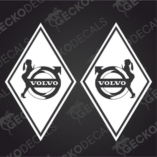 Two black and white vehicle decals featuring a stylized female figure riding a vehicle, with the brand name 'VOLVO' above.