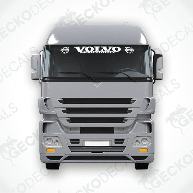 A front view of a Volvo truck windscreen with a die cut decal on it.