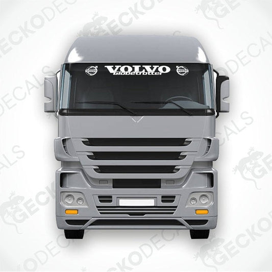 A front view of a Volvo truck windscreen with a die cut decal on it.