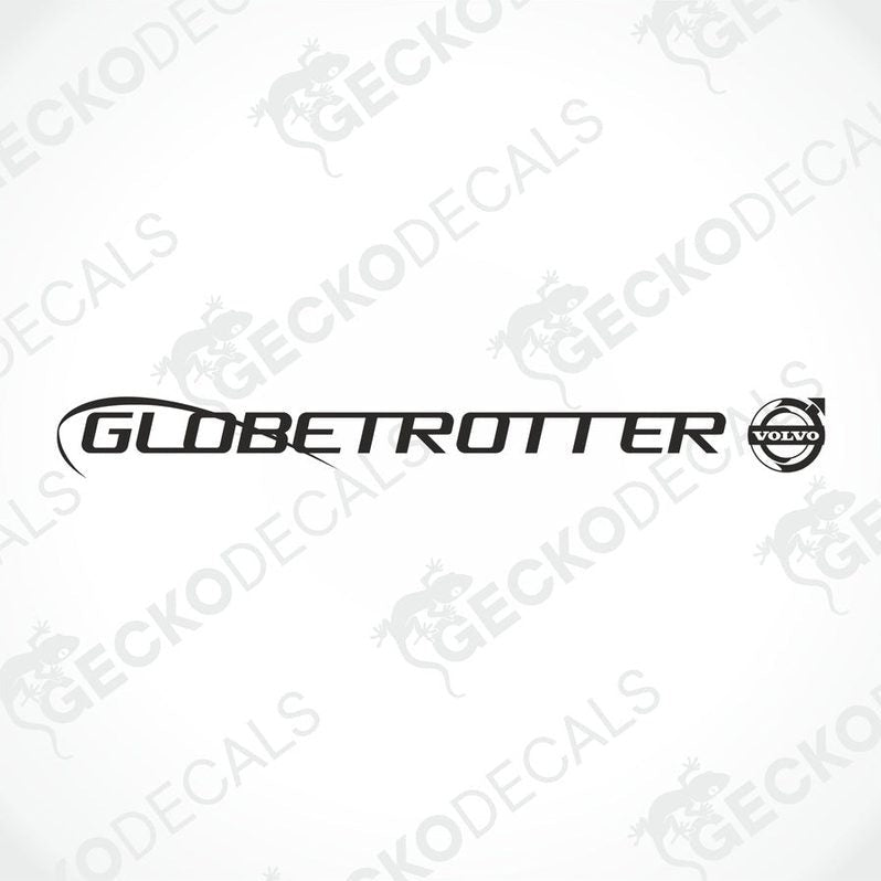 A die cut decal with the text 'GLOBETROTTER' on it, placed on the front windscreen of a Volvo truck.