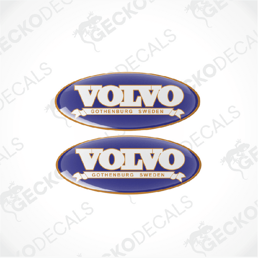 Two blue and white vinyl stickers with the text 'VOLVO GOTHENBURG SWEDEN' and a logo.