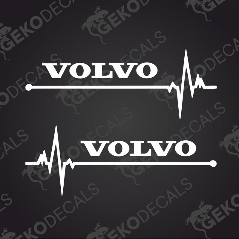 Two white decals with the word 'VOLVO' and a heartbeat line in between them.