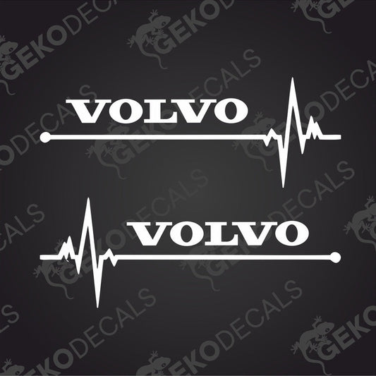 Two white decals with the word 'VOLVO' and a heartbeat line in between them.