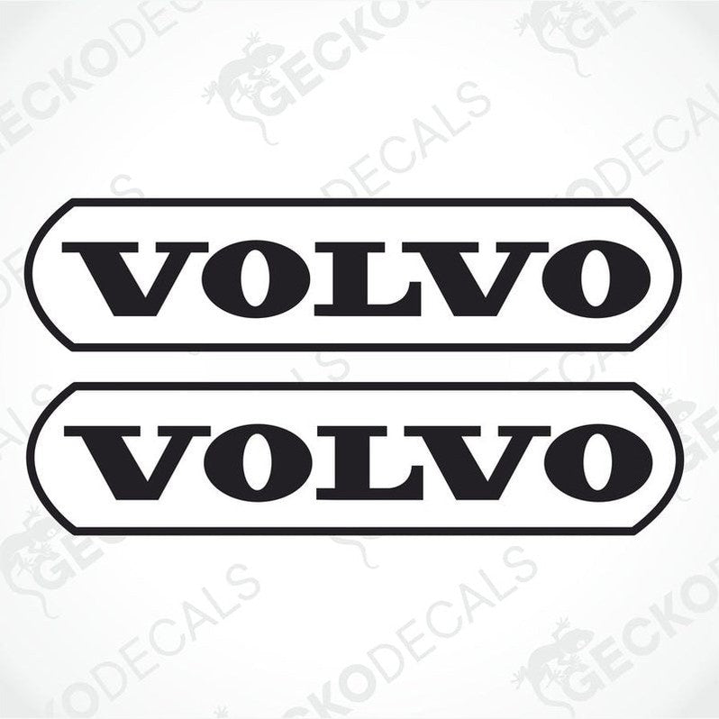 Two black and white die cut stickers with the Volvo brand name displayed.