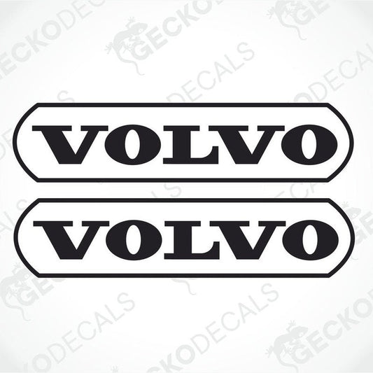 Two black and white die cut stickers with the Volvo brand name displayed.