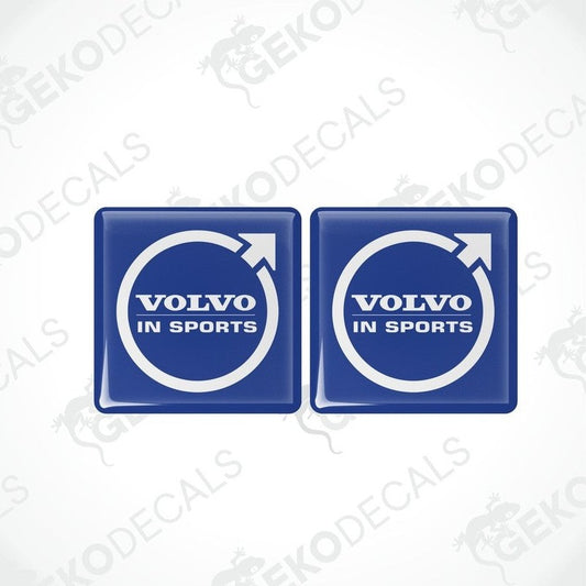 Two blue vinyl stickers with the Volvo brand and the text 'Volvo in sports' printed on them.