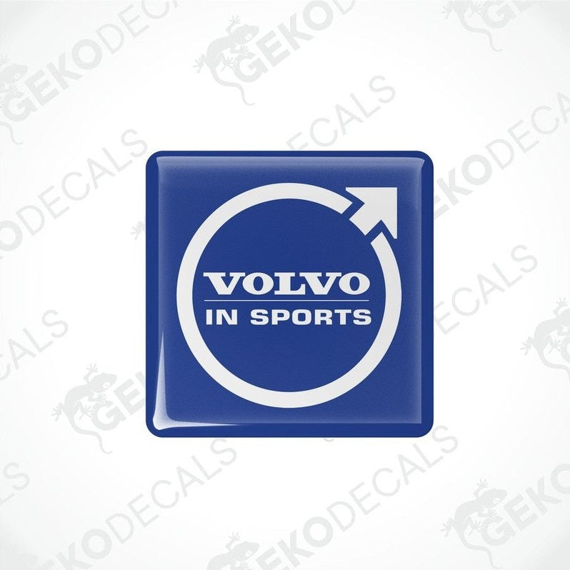 Two blue vinyl stickers with the Volvo brand and the text 'Volvo in sports' printed on them.