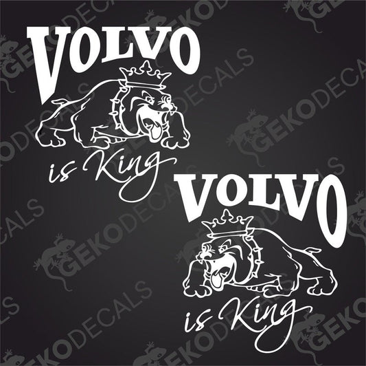 Two black decals with a bulldog wearing a crown and the text 'VOLVO IS KING'.