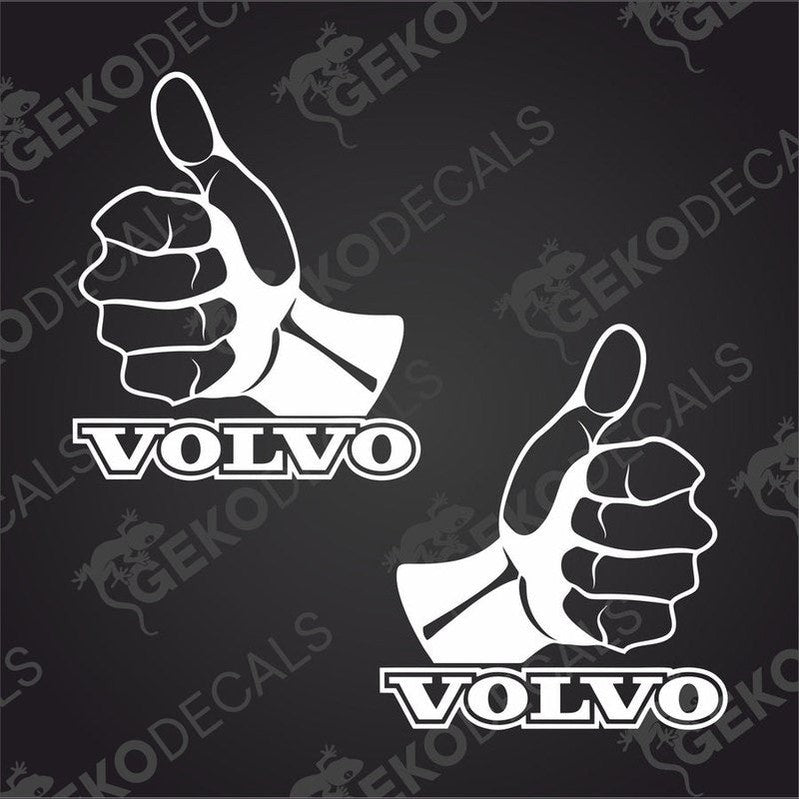 Two white hand-shaped stickers with the 'VOLVO' brand name written across the palm, designed for vehicle decals.