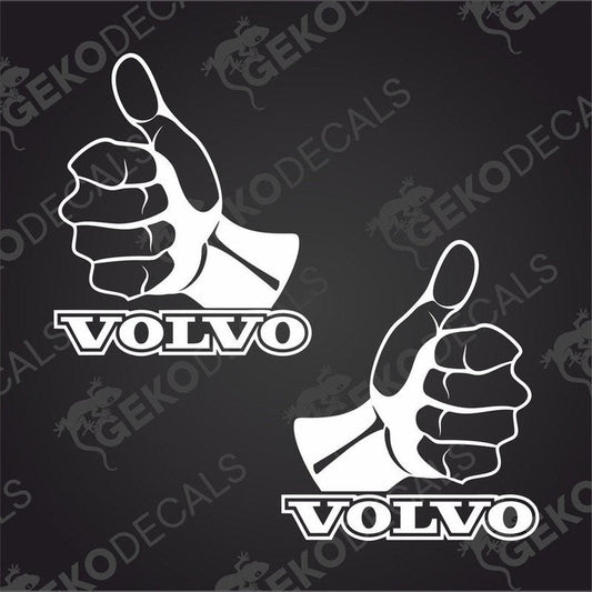 Two white hand-shaped stickers with the 'VOLVO' brand name written across the palm, designed for vehicle decals.