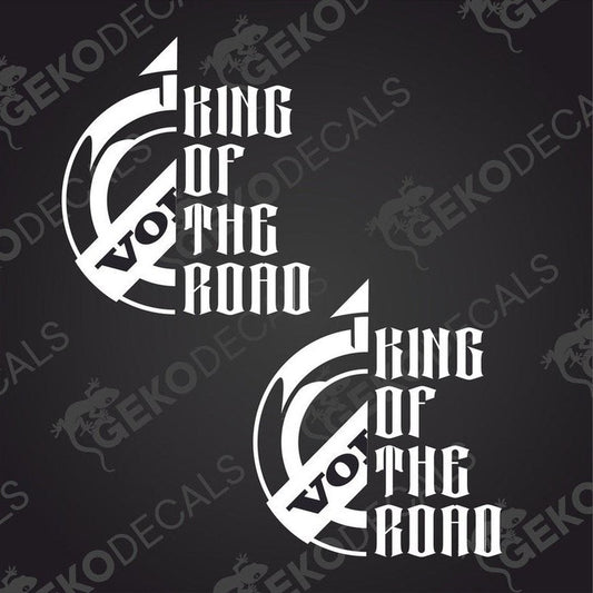 Two white vinyl stickers with the text 'KING OF THE ROAD' and a graphical design in the middle.