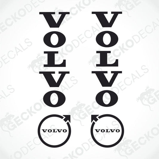 Set of Volvo brand stickers designed in black and white, including the company's logo in different stylizations.
