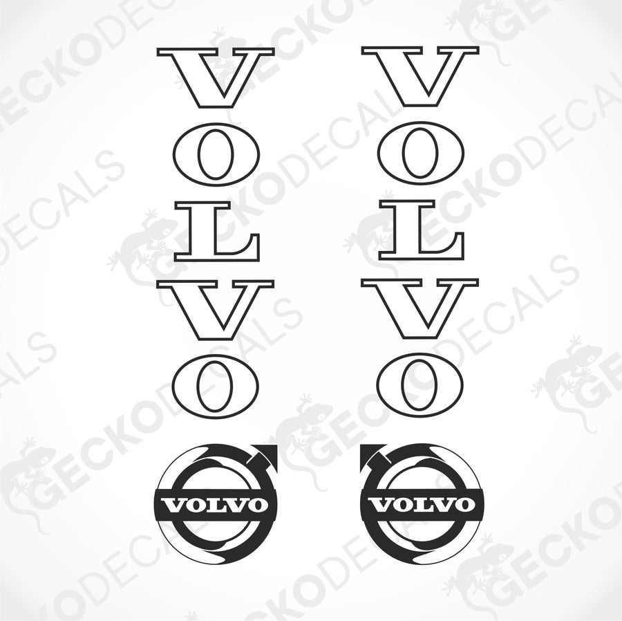 Two white decals with the Volvo brand logo, designed for use on vehicles.