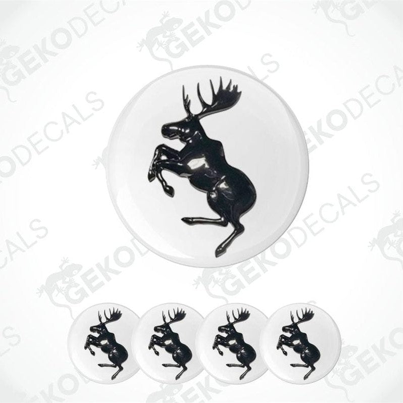 Set of five circular decals with a black moose design on a white background, branded 'Gekodecals'.