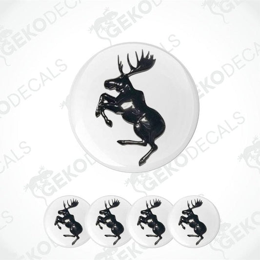 Set of five circular decals with a black moose design on a white background, branded 'Gekodecals'.