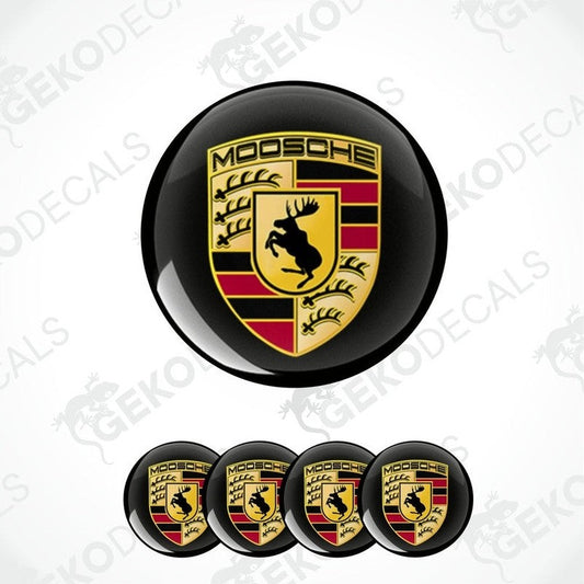 A set of four black vinyl stickers with a geometric design featuring a moose, branded with the word 'MOOSE' and the logo of a car manufacturer.