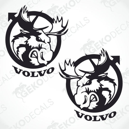 Two black and white die cut stickers of a moose, one with the front view and the other with the side view, both featuring the Volvo brand logo.