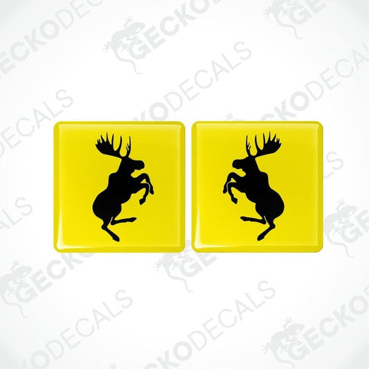 Two yellow vinyl decals with black silhouette of a moose, designed for use as car stickers.