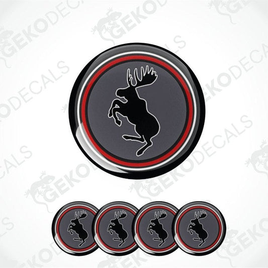 Set of four round decals with a deer logo on a white background