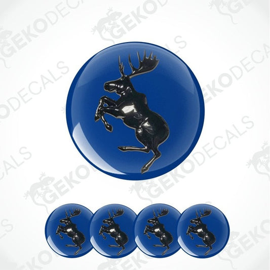 Set of blue round decals with a black moose design on a white background.