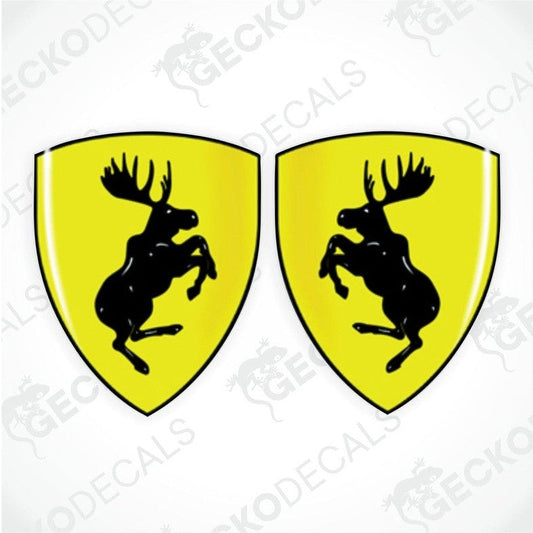 Two yellow car decals with black silhouette of a moose standing on its hind legs, resembling a coat of arms design.