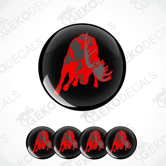 A set of vinyl decals featuring a red moose design on a black background, intended for use as car decals.