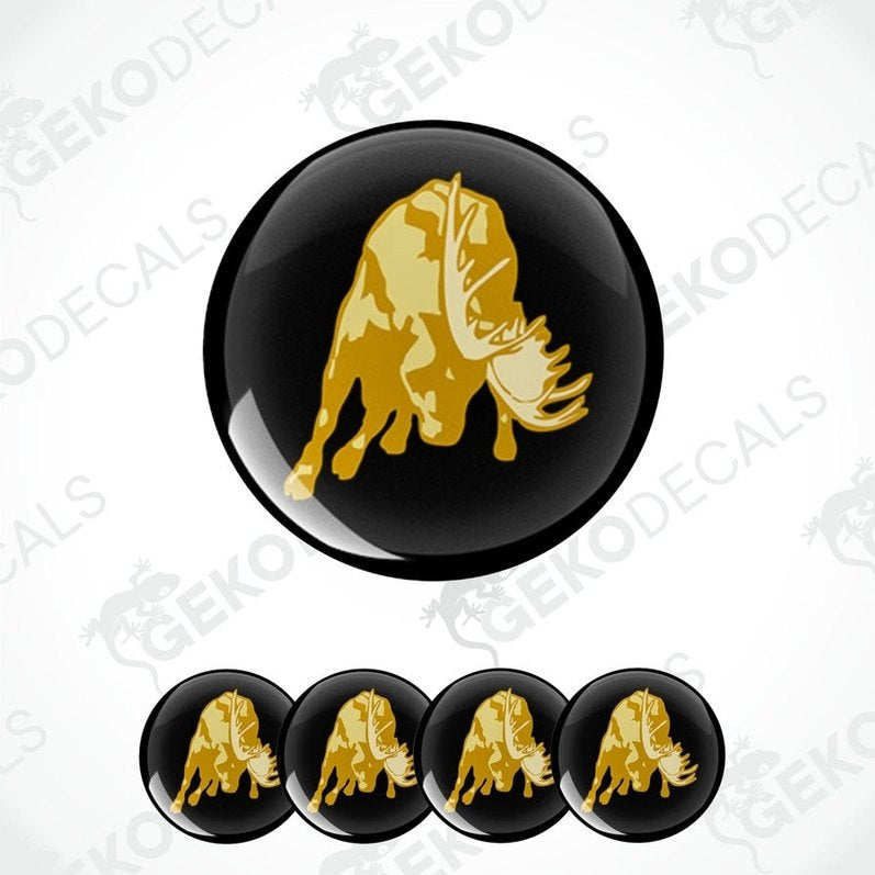 A set of four black vinyl stickers with a gold-colored moose design on each.