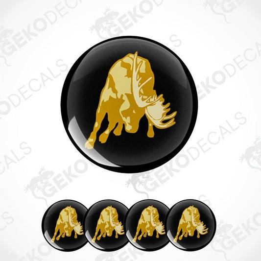 A set of four black vinyl stickers with a gold-colored moose design on each.